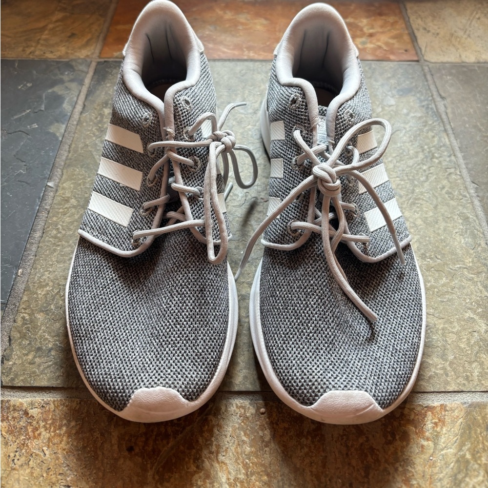 Adidas sneakers, grey and white.